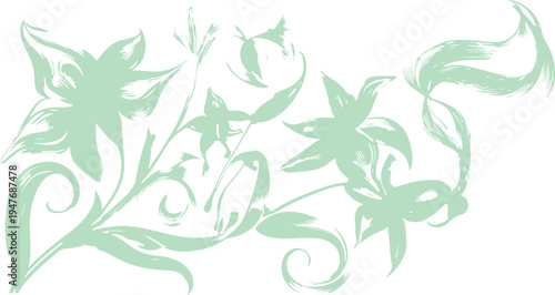 Light green floral flourish with stylized lily flowers and swirling vines