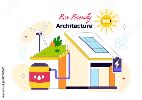Eco Friendly Architecture Vector Illustration with Sustainable House Solar Panels Wind Energy Green Building Concept and Renewable Technology Design