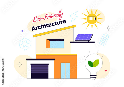 Eco Friendly Architecture Vector Illustration with Sustainable House Solar Panels Wind Energy Green Building Concept and Renewable Technology Design