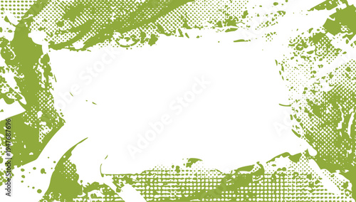 Olive green grunge frame with halftone dots and distressed paint splatter texture