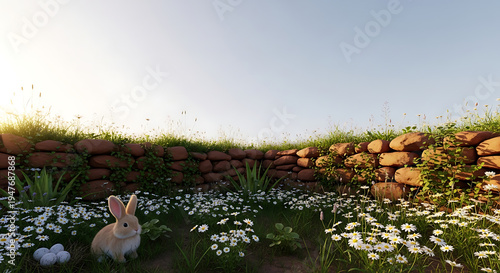 A cute brown rabbit sits among white daisies and green grass with eggs near a stone wall at sunrise.