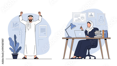 Successful Arabic businessman celebrating an achievement while a female colleague works efficiently on her laptop in a modern office.