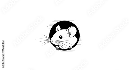 A charming black and white illustration of a curious mouse peeking out of a hole