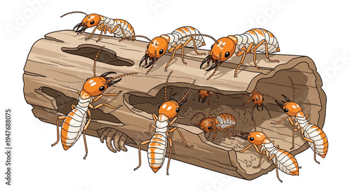Illustration depicting a bustling termite colony actively consuming a decaying wooden log, highlighting the destructive nature of these common wood-eating insect pests