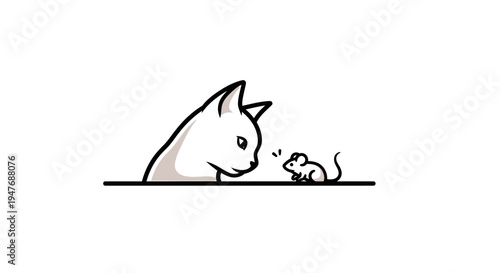 A curious white cat gently observes a small mouse, peeking over a line in a minimalist and charming illustration, depicting a unique animal encounter