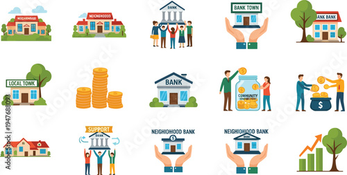 Community Banking and Local Economy Support Icon Set Featuring Neighborhood Banks, Small Business Finance, Savings Growth, Financial Assistance and Cooperative Economic Development