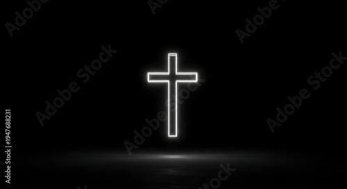 A glowing white Christian cross stands prominently against a dark black background with a subtle reflection below.