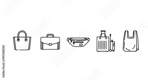 A set of minimalist icons depicting various travel and business bags and luggage