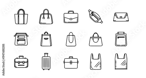 A set of minimalist line art icons depicting various types of bags and luggage