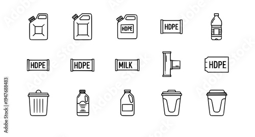 A set of minimalist icons depicting various plastic containers and recycling symbols