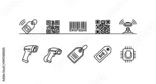 A vector graphic illustration of various barcode and QR code scanning icons and symbols