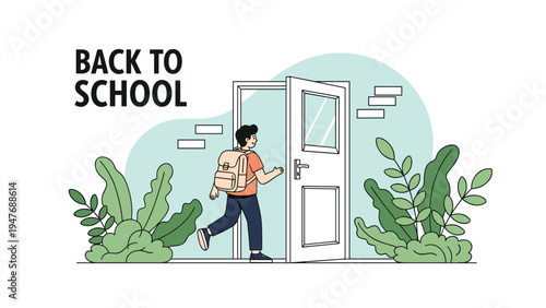 Young student with a school bag walking through an open door for the back to school season and starting a new educational year.