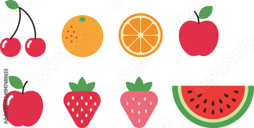 Colorful fruit icons collection with cherry orange apple strawberry and watermelon fresh vector illustration set