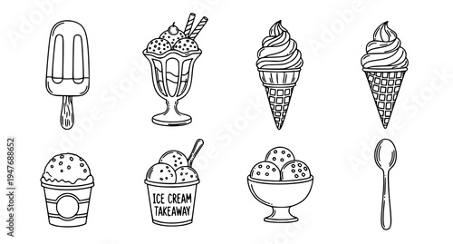 A set of black and white line art illustrations of various ice cream treats and desserts