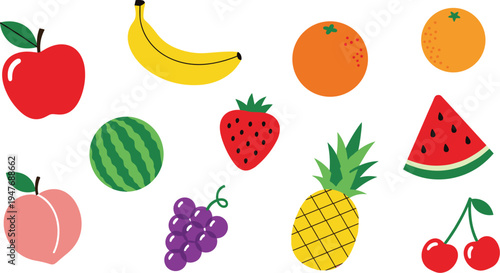 Colorful tropical fruit icons collection with apple banana orange watermelon pineapple grapes and strawberry vector set