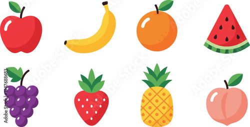 Fresh fruit icons collection with apple banana orange watermelon pineapple grapes strawberry and peach vector set