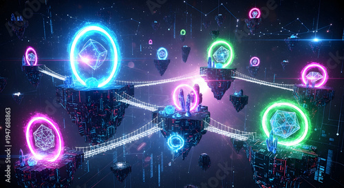Cyber Worlds: A mesmerizing depiction of floating islands, connected by pathways of light, each adorned with a glowing portal, showcasing the interconnectedness of a digital metaverse.