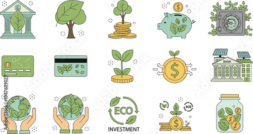 Eco Friendly Banking and Green Investment Icon Set Featuring Sustainable Finance, Environmental Savings, Eco Bank Systems, Renewable Growth and Climate Conscious Financial Concepts