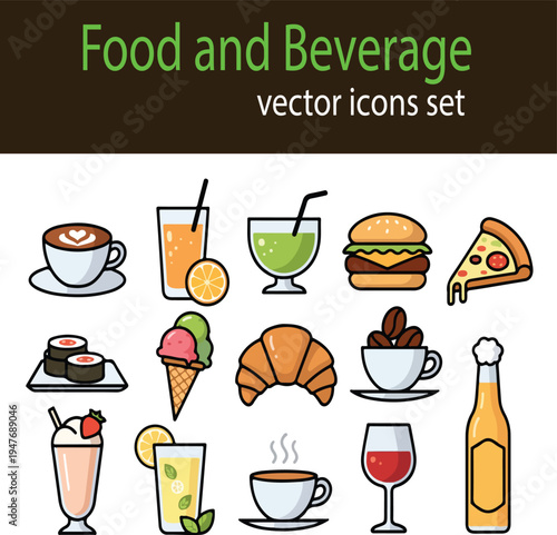 Food and Beverage Vector Icons Set with Coffee, Burger, Pizza, Sushi and Drinks