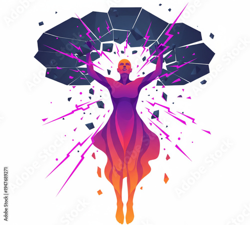 Dynamic individual breaking free from constraints, emanating vibrant energy and light