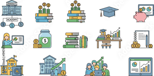 Education Investment and Student Financial Growth Icon Set Featuring Academic Funding, School Savings, Scholarship Support, Learning Finance and Educational Development Concepts