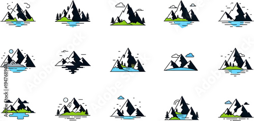 Mountain camping adventure set with tents, hikers, and nature scenes flat design vector illustration