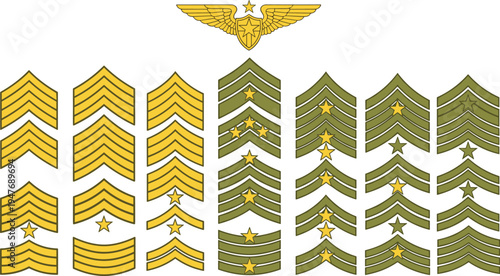 Military rank insignia set army chevrons stars badges collection soldier uniform patches military hierarchy vector illustration symbols