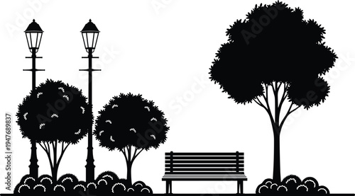 Black park silhouette with wooden bench, vintage street lamps, lush trees, and garden bushes isolated on white background, vector city garden