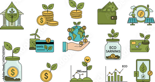 Green Banking and Eco Friendly Finance Icon Set Featuring Sustainable Investment, Environmental Savings, Renewable Energy Funding and Ethical Financial Growth Concepts