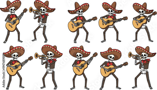 Mexican skeleton mariachi musicians playing guitar and trumpet wearing sombrero hats, festive Day of the Dead cartoon character vector set