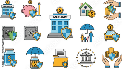 Insurance Protection and Financial Security Icon Set Featuring Policy Coverage, Family Safety, Money Protection, Home and Car Insurance and Risk Management Concepts