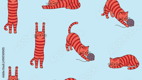 Seamless pattern design featuring cute orange striped cats in various playful poses such as stretching and playing with yarn balls.