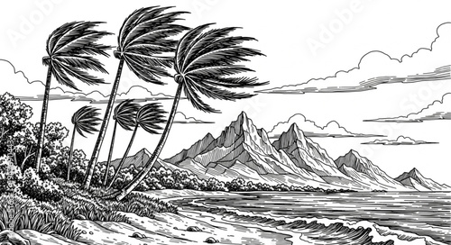 Palm trees blowing in the wind on a tropical island landscape.