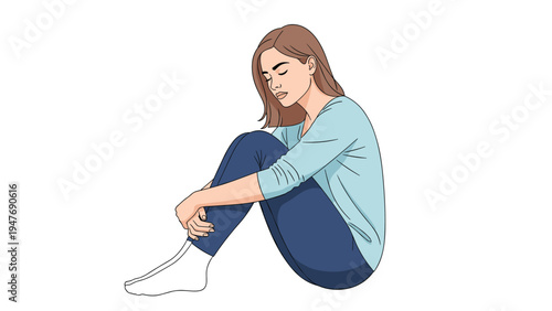 Sad young woman sitting on the floor and hugging her knees while looking down to express feelings of loneliness and mental depression.