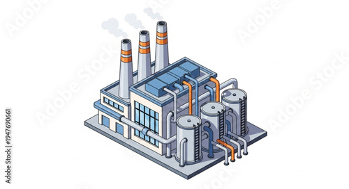 Modern industrial factory building with smoking chimneys and pipes.