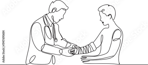 doctor is putting a cast on a patient_s broken arm. Medical health care service workers concept. one line art icon drawing vector