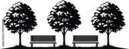 Black silhouette of park benches and leafy maple trees in a row, peaceful public garden landscape isolated on white background.