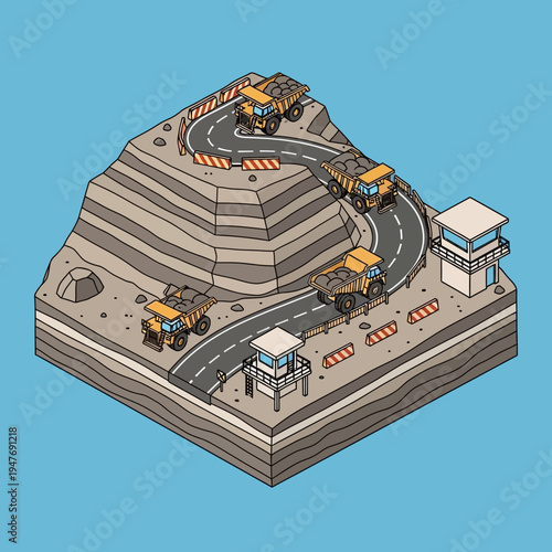 Isometric illustration of an open-pit mine with haul trucks and control towers on winding roads.