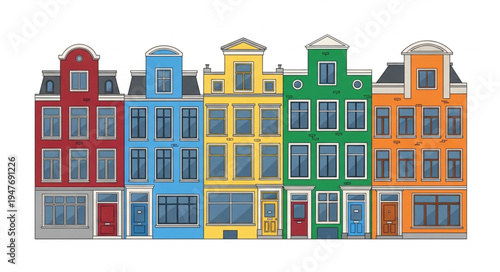 Colorful row of Dutch canal houses in a line.