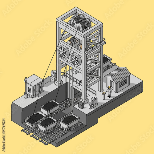 Isometric illustration of a coal mine with a headframe, rail cars, and workers.