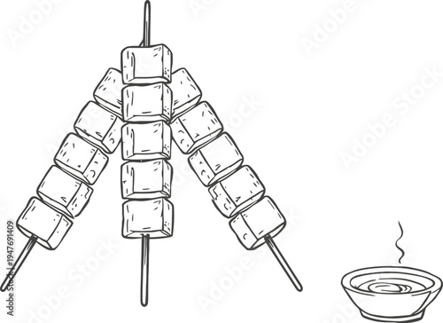 Grilled food skewers with cubes and steaming sauce bowl black and white line vector illustration for barbecue and cuisine concept