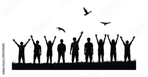 Silhouette of people rejoicing with birds flying overhead in unison