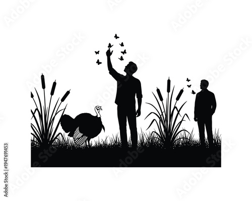 Silhouette of a man feeding birds with another person and a dog nearby