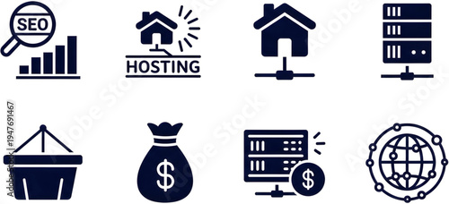 Web hosting and SEO business concepts vector illustration flat design scalable graphic set