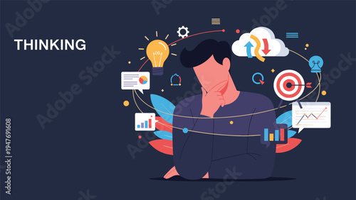 Silhouette of a pensive man thinking deeply surrounded by various business icons, financial charts, and ideas in a dark creative space.