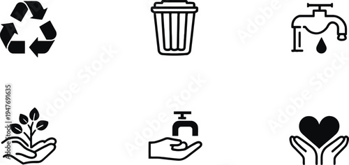 Eco sustainability icons set with recycling, trash bin, water conservation, plant care, hygiene and compassion vector illustration