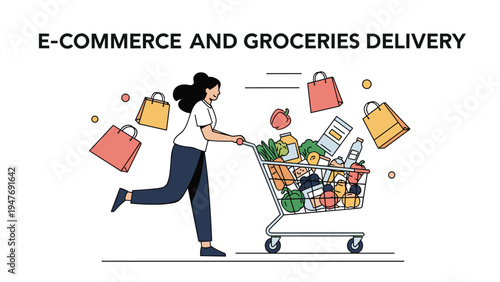 Energetic woman runs quickly with a shopping cart full of fresh groceries to represent fast and convenient e-commerce delivery services.