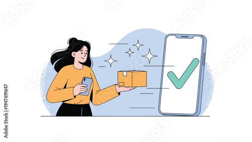 Happy woman holds a package and her smartphone next to a large mobile device showing a green checkmark for a successful order confirmation.