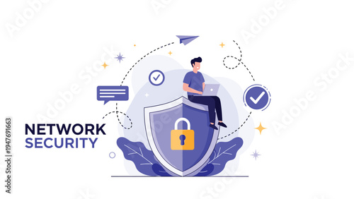 Professional man sits on a large protective shield with a padlock while working on a laptop to represent network security and data safety.