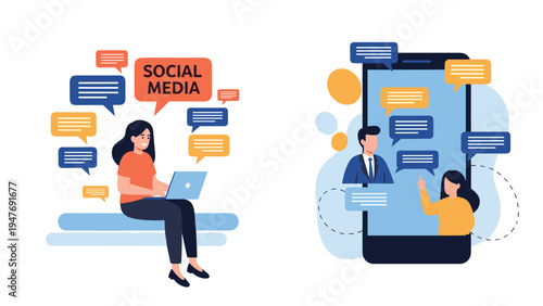 Woman works on a laptop next to a large smartphone screen as speech bubbles fly around to represent social media communication and networking.